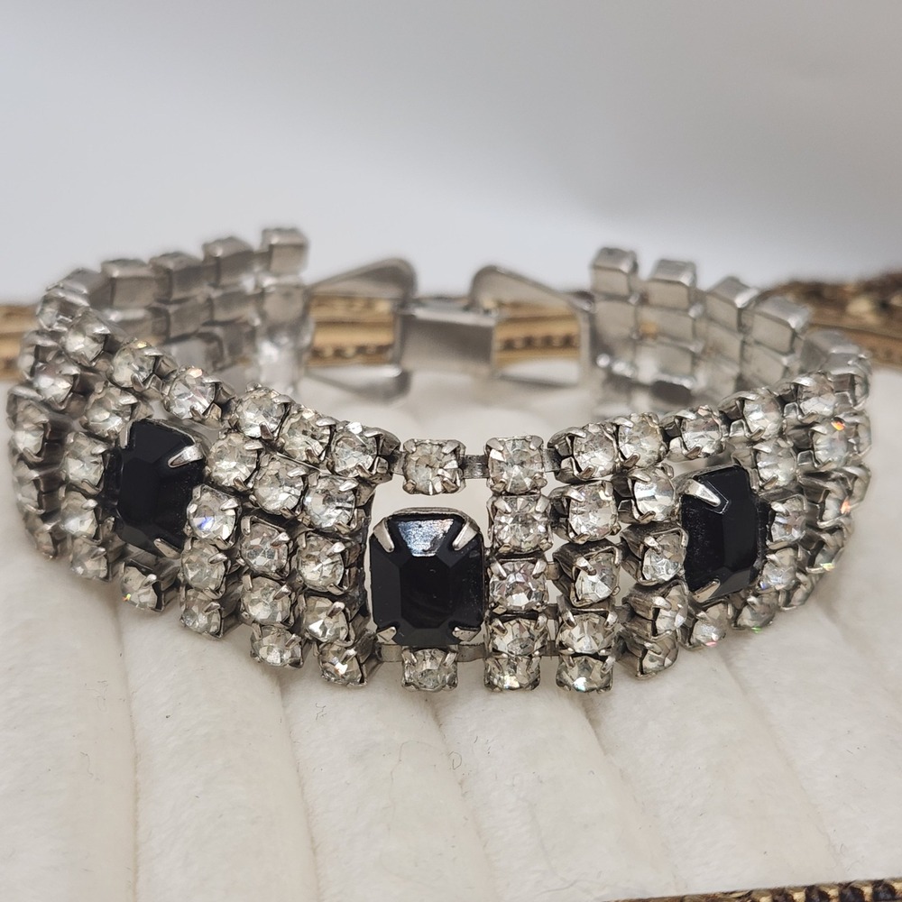 Vintage Rhinestone Bracelet Art Deco Revival Black Emerald Cut Stone Glamour